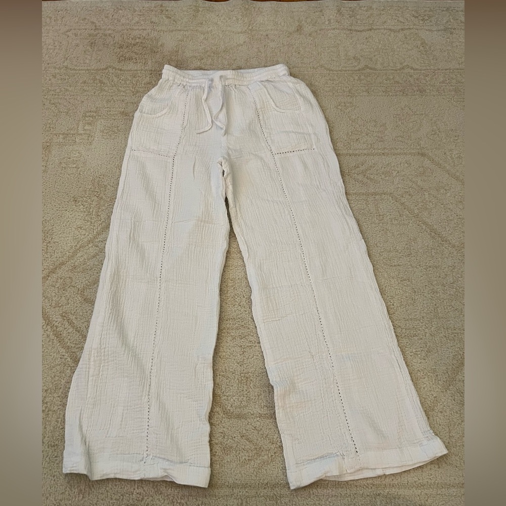 White Textured Wide-Leg Pants